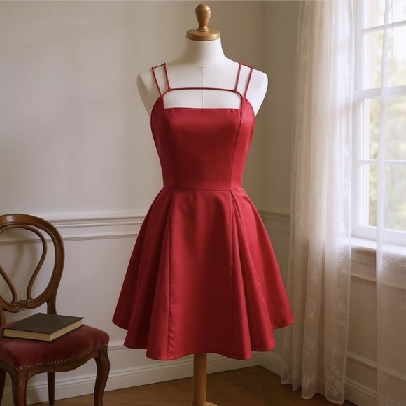 Lulus ✦ Red Silky Party Dress ✦ Square Neck Gold Zip Box Pleats Sz M NWOT - Picture 11 of 16